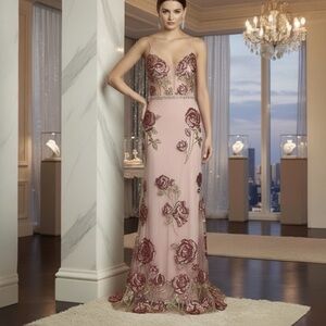 Morgan & Co 10134 Floral Sequin Mesh Gown | Size 7 | Pink | NWT